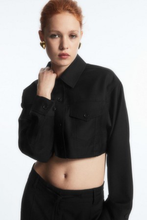 COS Oversized Cropped Gyapjú Overshirt Ing Női Fekete | QZC-048159