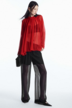 COS Oversized Redőzött Sheer Silk Blúz Női Piros | STX-734961