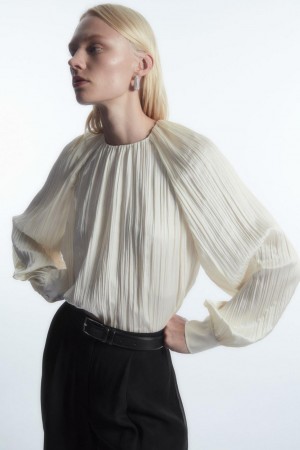 COS Plissé Long-sleeved Blúz Női Fehér | PFG-931574