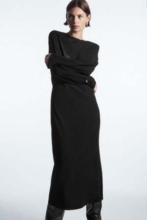 COS Power-shoulder Satin-panel Midi Ruha Női Fekete | RGC-859406