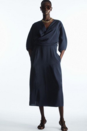 COS Puff-sleeve Midi Ruha Női Sötétkék | MHP-342091
