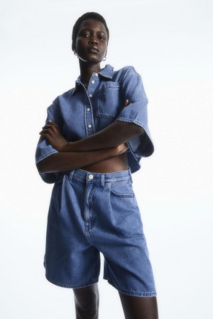 COS Redőzött A-line Denim Rövidnadrág Női Kék | VAJ-843795