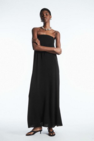 COS Redőzött Bandeau Maxi Ruha Női Fekete | KAV-380751