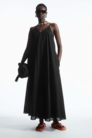 COS Redőzött V-neck Linen Midi Ruha Női Fekete | DOP-123457
