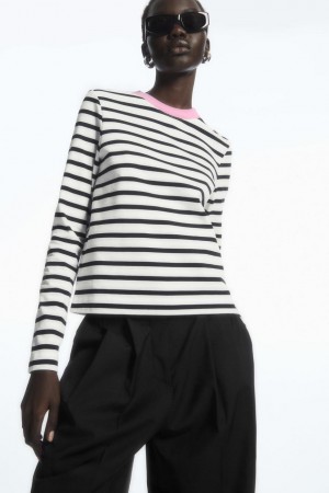 COS Regular-fit Heavyweight Long-sleeved Póló Női Fekete Fehér | PMS-574916