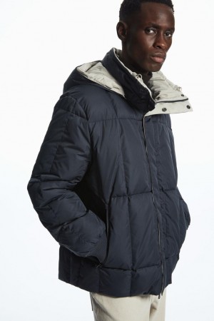 COS Reversible Csuklyás Puffer Kabát Férfi Világos Szürke Sötétkék | ZEC-958024