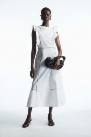 COS Ruffled Linen-blend Midi Ruha Női Fehér | PRU-349276