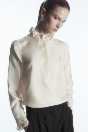 COS Ruffled Mulberry Silk Blúz Női Fehér | MQI-601243