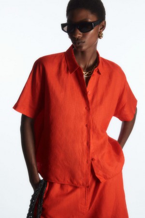COS Rövid-sleeved Linen Ing Női Világos Narancssárga | VZK-427085