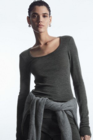 COS Scoop-neck Merino Gyapjú Long-sleeved Felső Női Sötétszürke | ZRO-974318