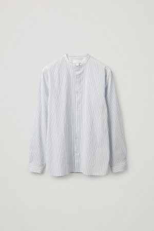 COS Seersucker Grandad Collar Ing Férfi Világos Kék Fehér | EVI-127605