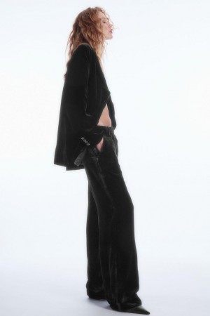 COS Silk-blend Velvet Egyenes-leg Nadrág Női Fekete | HIZ-958306