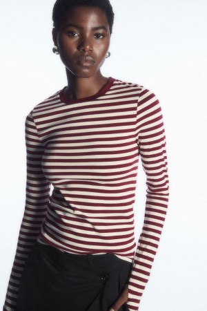 COS Slim-fit Long-sleeve Felső Női Fehér Bordó | FJE-152789