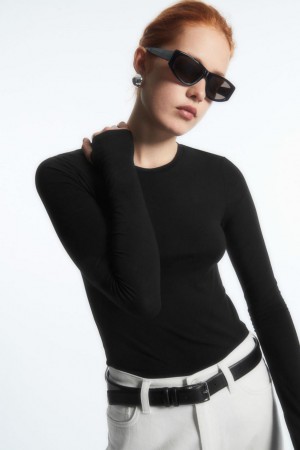 COS Slim-fit Long-sleeve Felső Női Fekete | ROM-280176