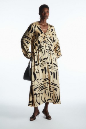COS Swirl-print Satin Midi Ruha Női Világos Bézs Sötétkék | NOY-017689