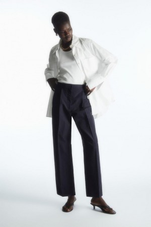 COS Tapered Redőzött Linen-blend Chinos Nadrág Női Sötétkék | GRU-097315