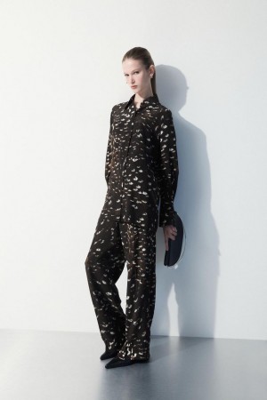 COS The Feather-print Silk Nadrág Női Fekete | UOD-248765
