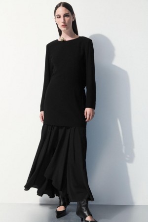 COS The Flared Silk Maxi Szoknya Női Fekete | DST-247086