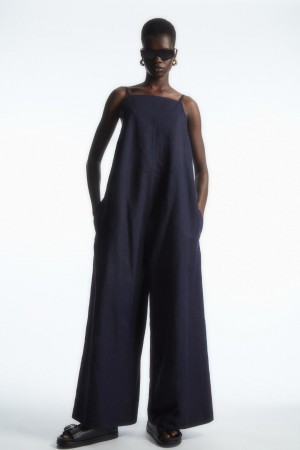 COS Tie-detail Linen Jumpsuit Női Sötétkék | DEG-180957