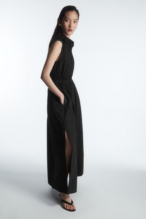 COS Ujjatlan Midi Shirt Ruha Női Fekete | SDU-256397