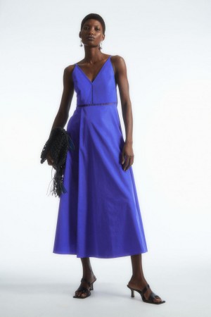COS V-neck Midi Slip Ruha Női Kék | SIT-365019