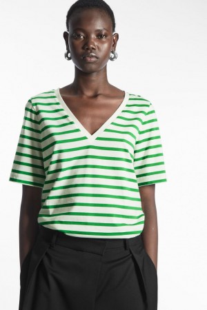 COS V-neck Póló Női Zöld Fehér | YDO-579123