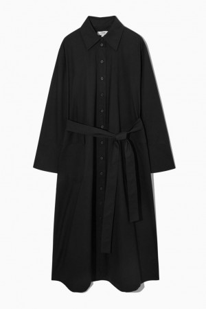 COS Waisted Midi Shirt Ruha Női Fekete | PBV-745896