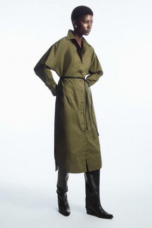 COS Waisted Midi Shirt Ruha Női Khaki Zöld | IBD-537428