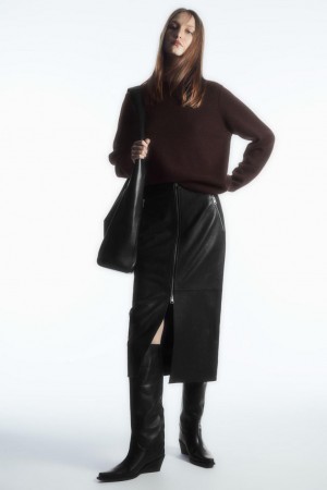 COS Zip-up Bőr Midi Szoknya Női Fekete | QMP-516928