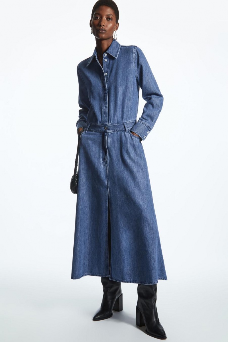 COS A-line Denim Ruha Női Sötétkék | ZXS-843260