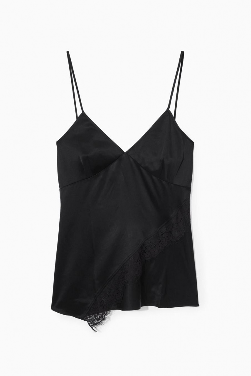 COS Asymmetric Csipke-trimmed Satin Camisole Felső Női Fekete | TFY-741902