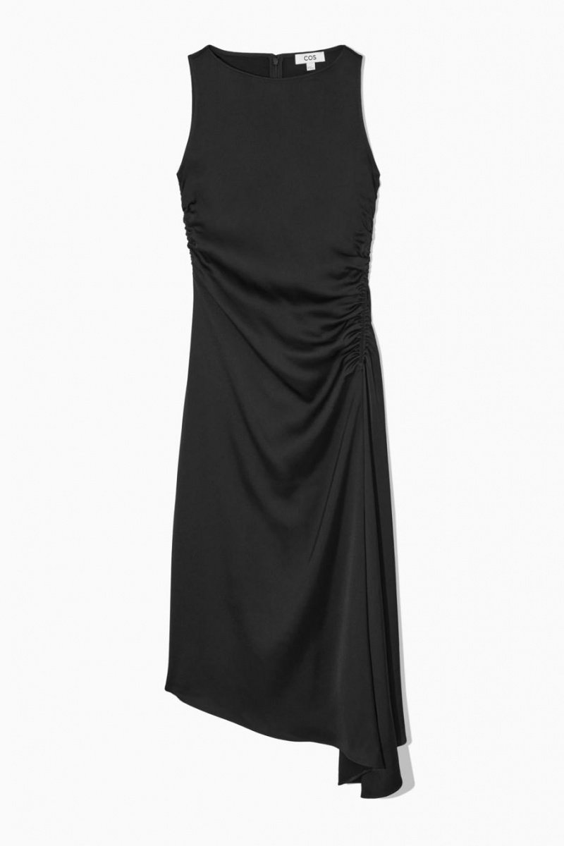 COS Asymmetric Gathered Satin Midi Ruha Női Fekete | XME-941376