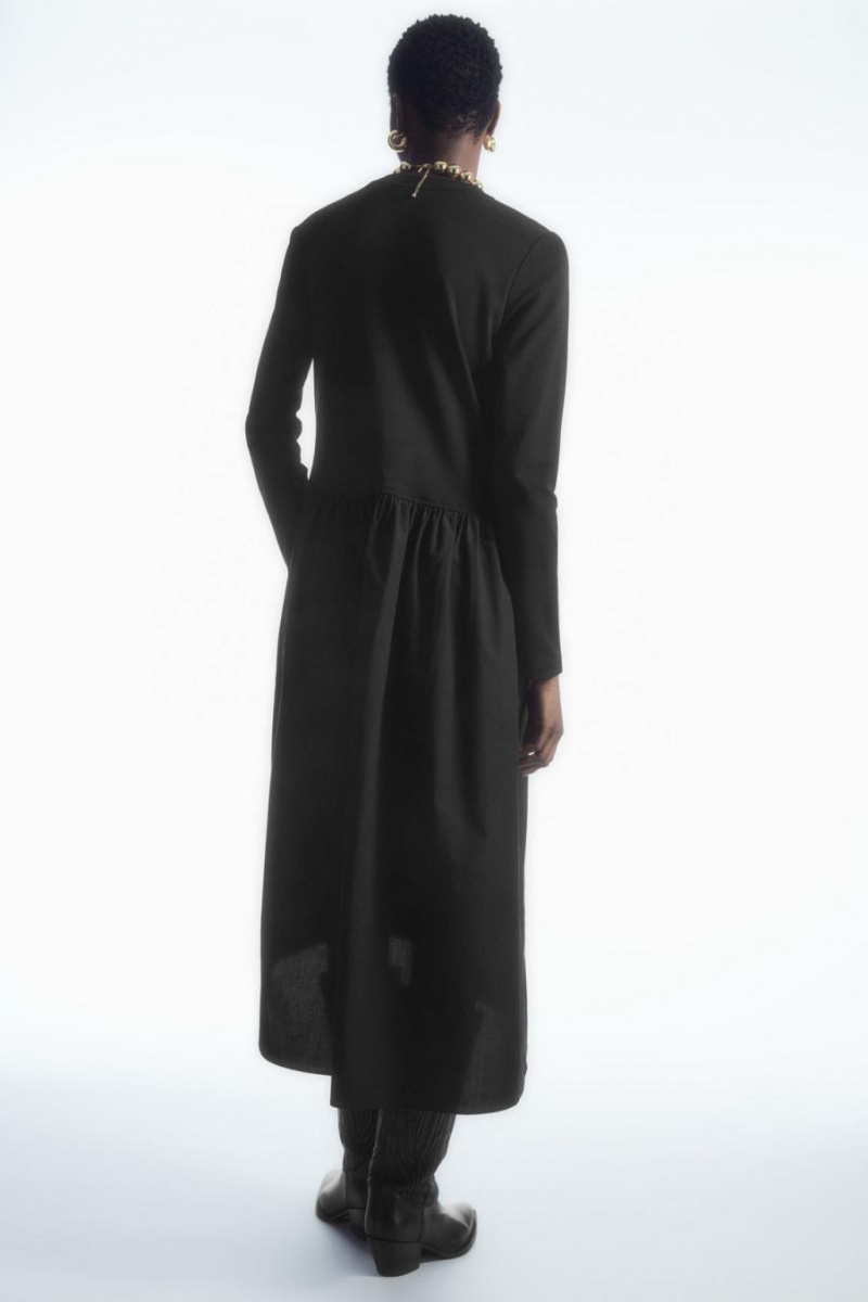 COS Asymmetric Gathered-waist Midi Ruha Női Fekete | KRJ-932075