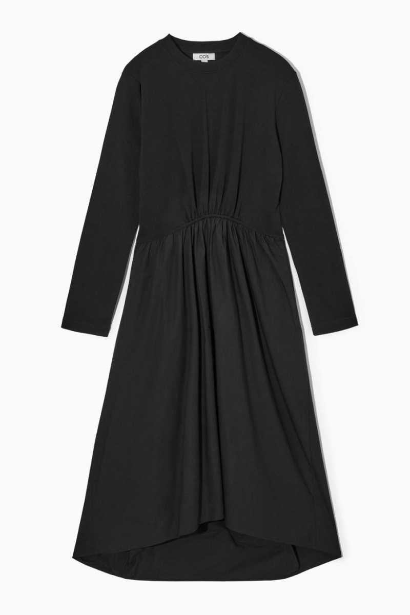COS Asymmetric Gathered-waist Midi Ruha Női Fekete | KRJ-932075