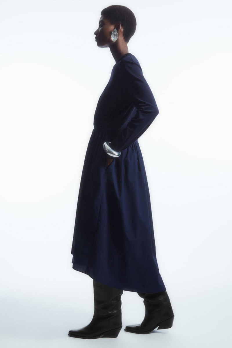 COS Asymmetric Gathered-waist Midi Ruha Női Sötétkék | TJV-187359
