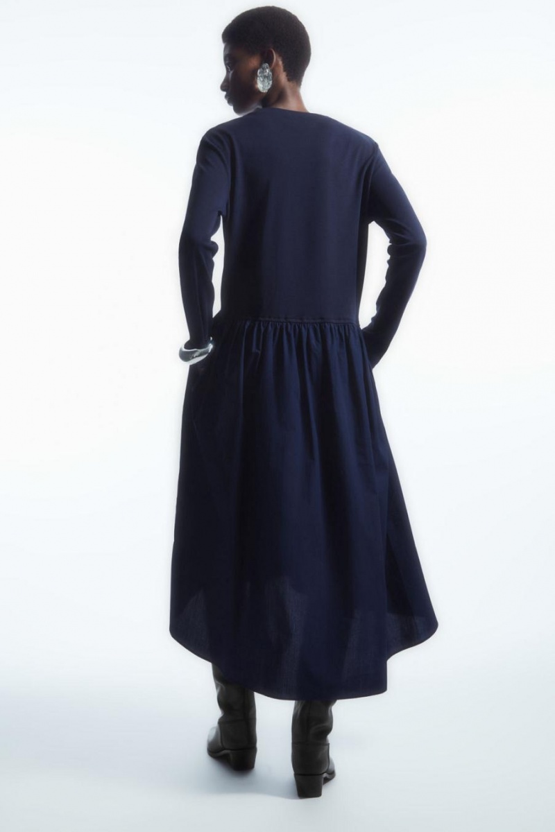 COS Asymmetric Gathered-waist Midi Ruha Női Sötétkék | TJV-187359