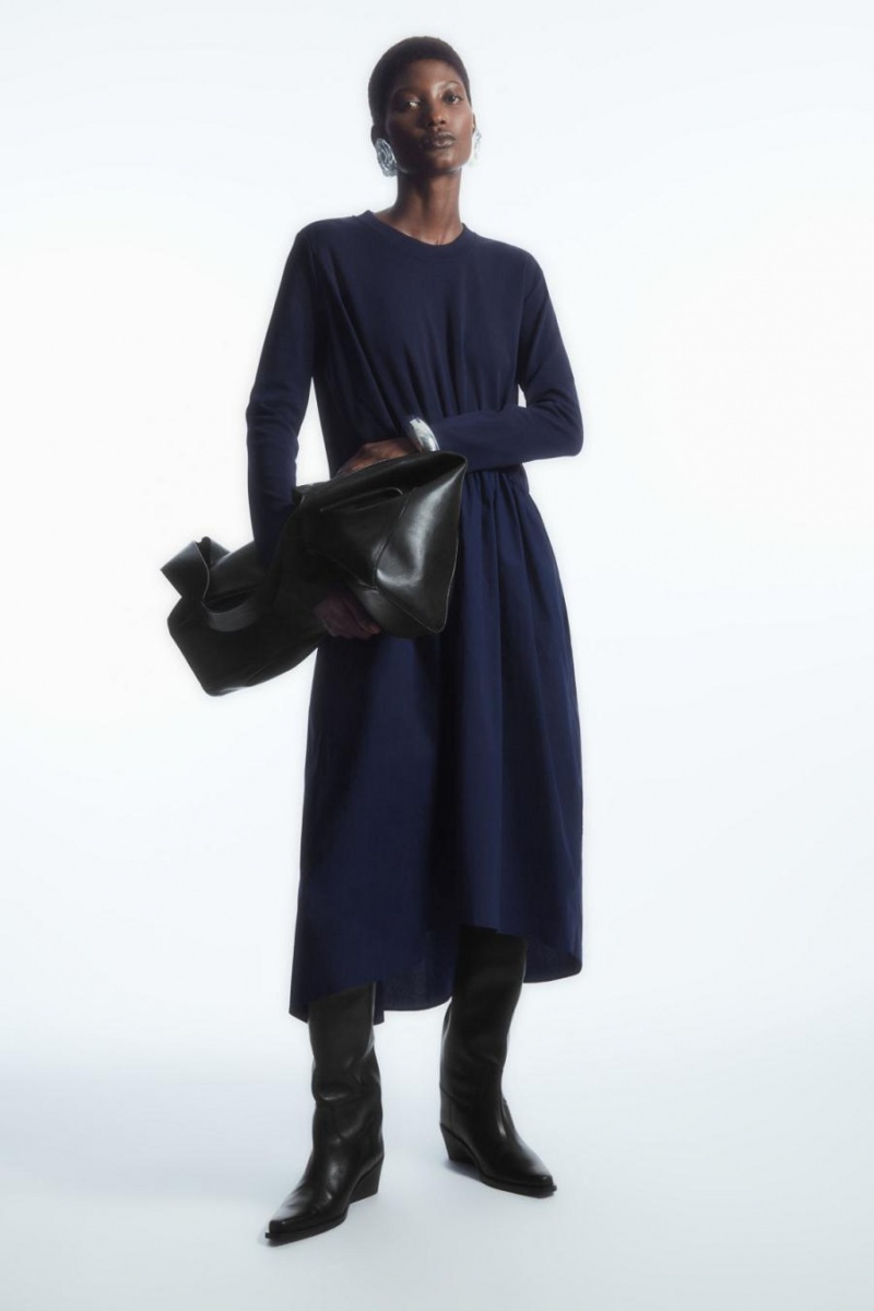 COS Asymmetric Gathered-waist Midi Ruha Női Sötétkék | TJV-187359