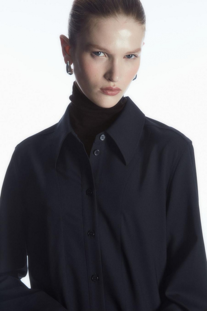 COS Asymmetric Gyapjú Shirt Ruha Női Sötétkék | PYC-849215