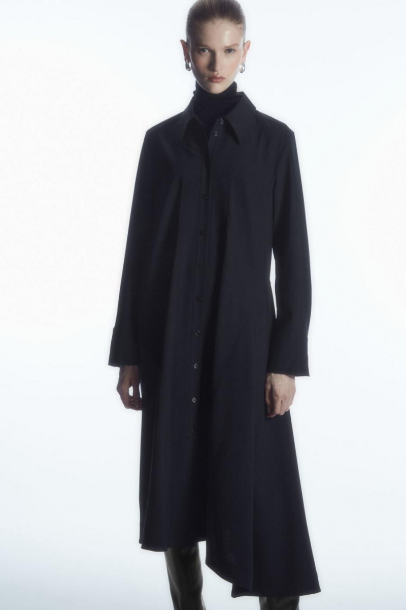 COS Asymmetric Gyapjú Shirt Ruha Női Sötétkék | PYC-849215