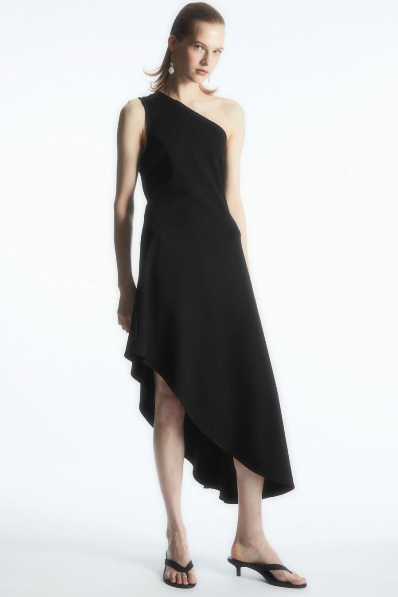 COS Asymmetric One-shoulder Midi Ruha Női Fekete | YXE-380679
