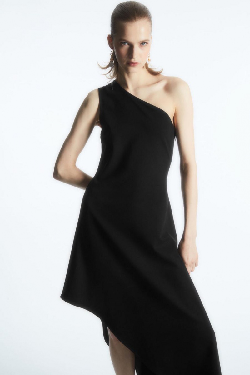 COS Asymmetric One-shoulder Midi Ruha Női Fekete | YXE-380679
