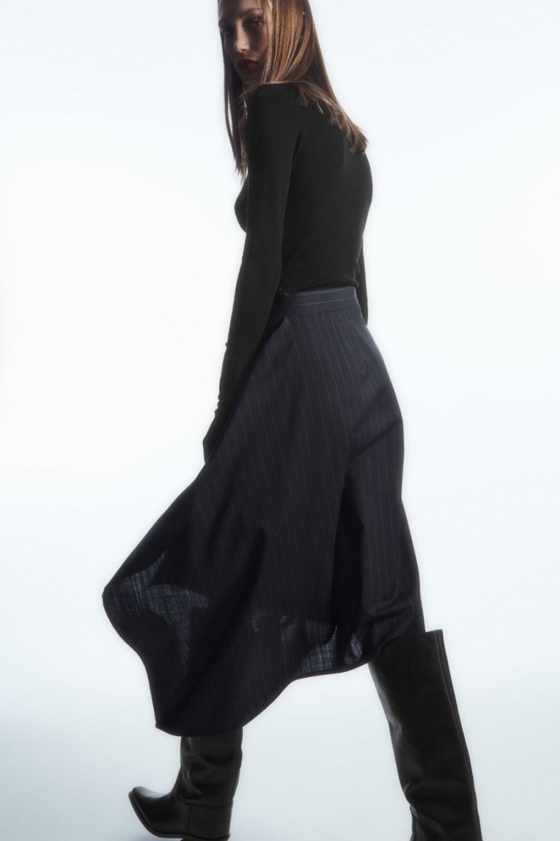 COS Asymmetric Pinstriped Gyapjú Szoknya Női Sötétkék | OIX-694053