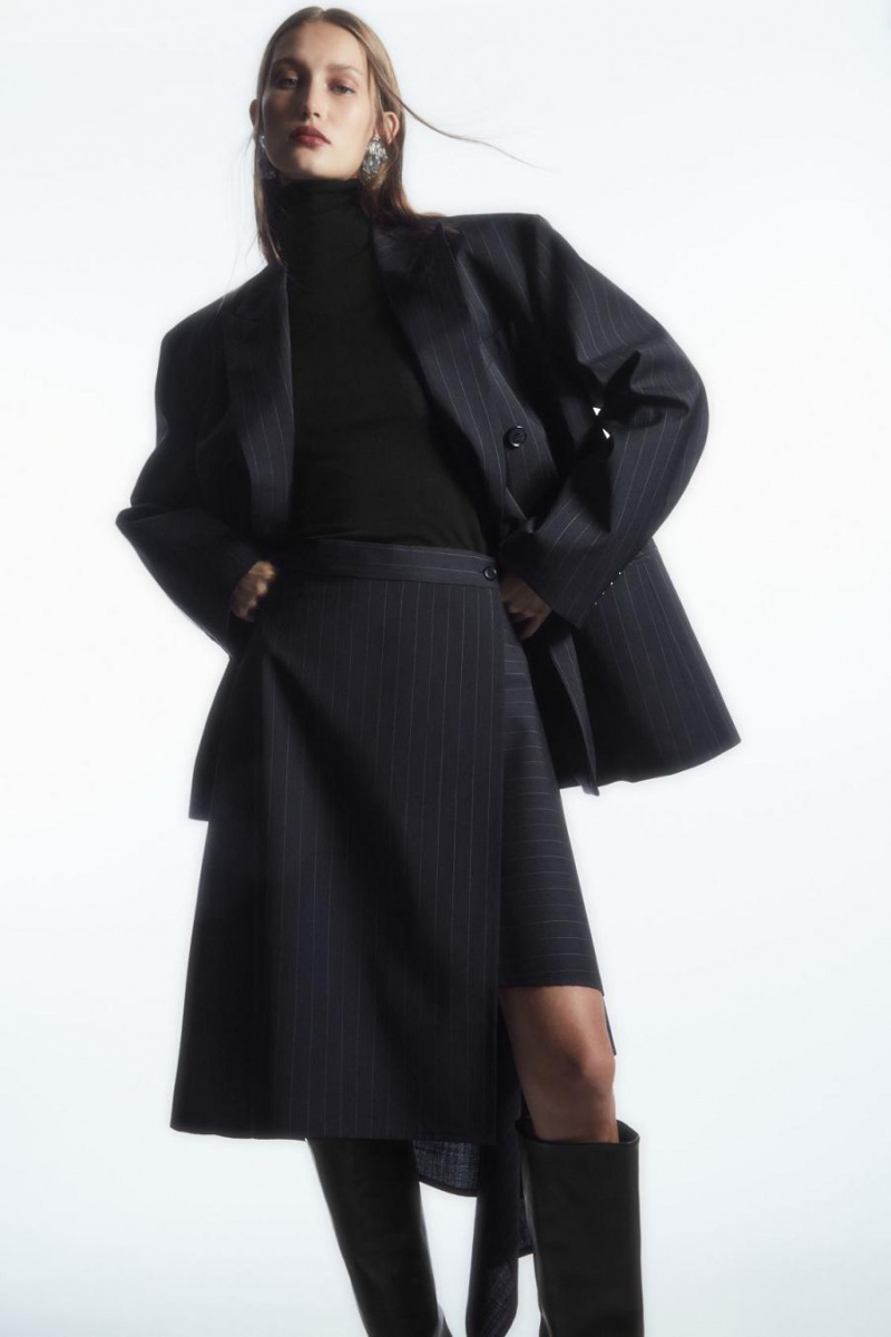 COS Asymmetric Pinstriped Gyapjú Szoknya Női Sötétkék | OIX-694053