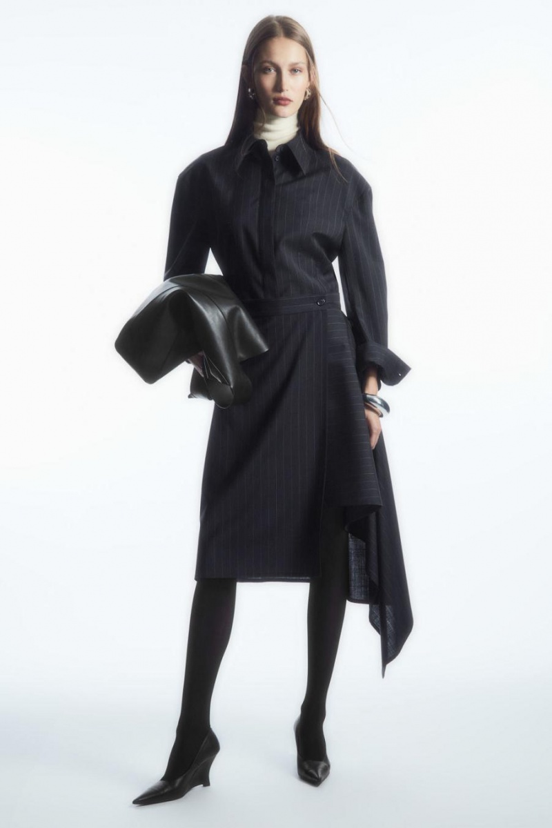 COS Asymmetric Pinstriped Gyapjú Szoknya Női Sötétkék | OIX-694053