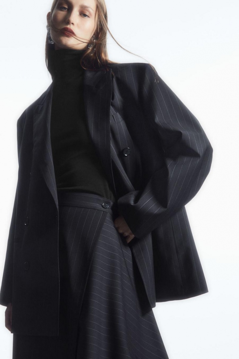 COS Asymmetric Pinstriped Gyapjú Szoknya Női Sötétkék | OIX-694053