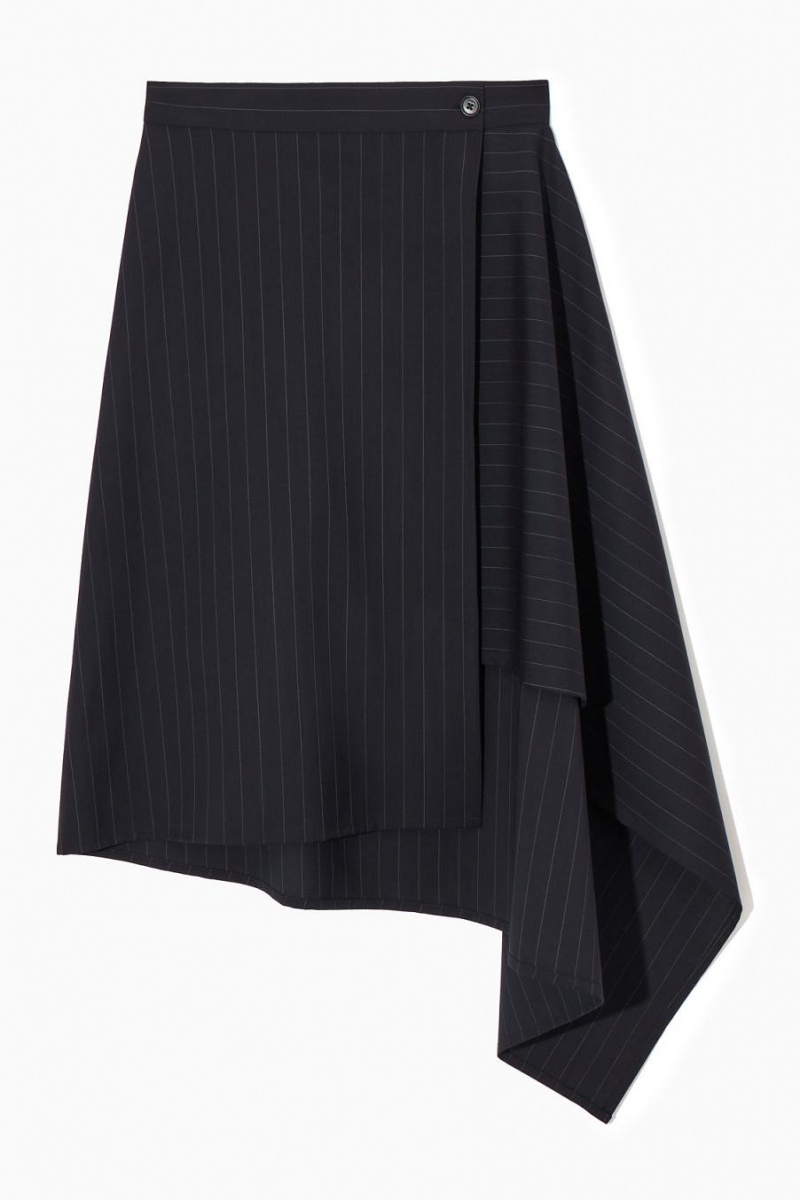 COS Asymmetric Pinstriped Gyapjú Szoknya Női Sötétkék | OIX-694053