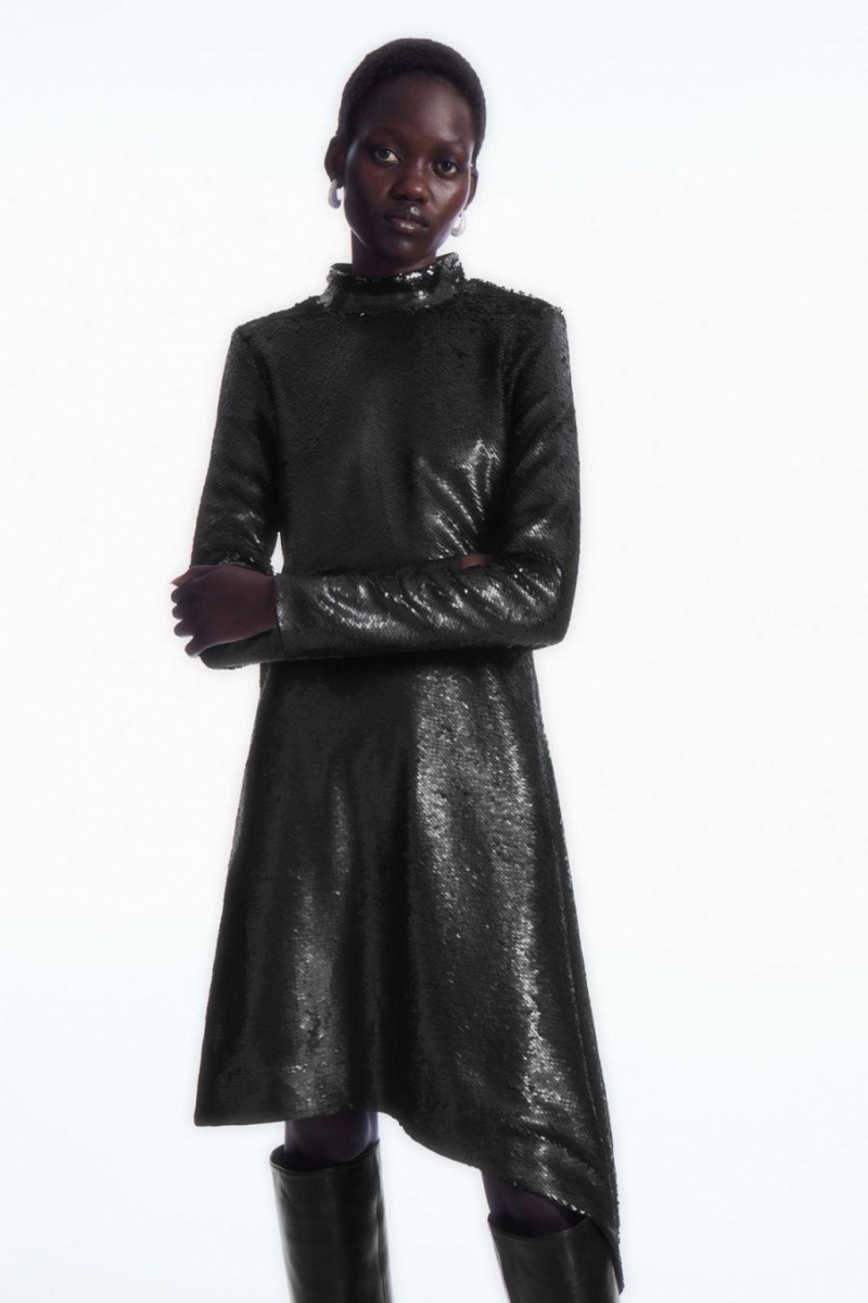 COS Asymmetric Sequinned Mini Ruha Női Fekete | RNP-685340