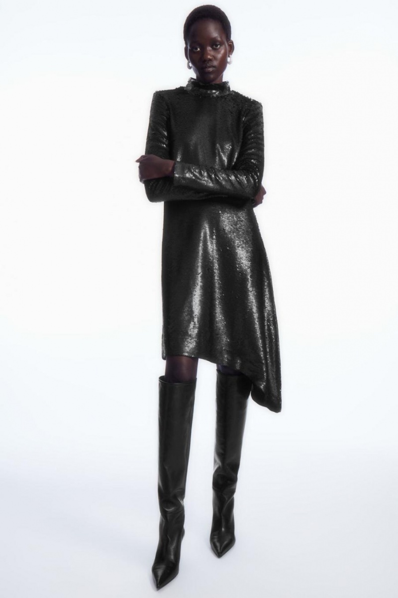 COS Asymmetric Sequinned Mini Ruha Női Fekete | RNP-685340