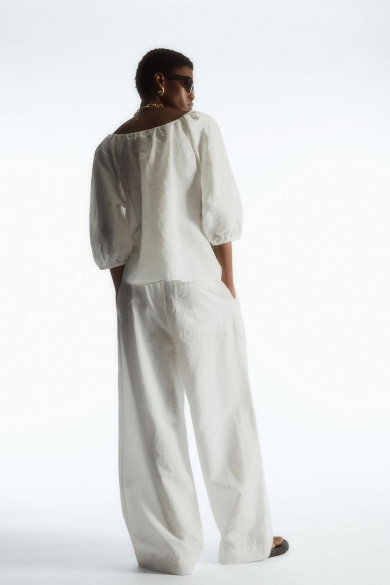 COS Ballerina-neck Floaty Linen Blúz Női Fehér | QUX-913048