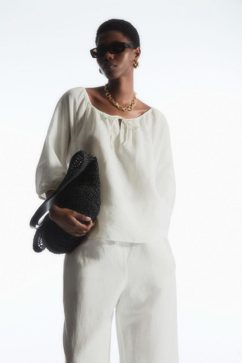 COS Ballerina-neck Floaty Linen Blúz Női Fehér | QUX-913048